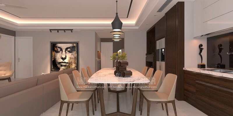 Mẫu bàn ăn mặt đá màu trắng với chân gỗ tạo nên sự đẹp mắt, cùng với 6 ghế ăn gỗ tự nhiên có tông màu be sang trọng, góp phần tạo nên điểm nhấn cho không gian căn phòng.